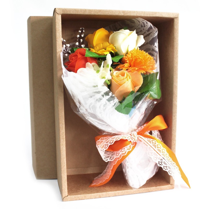 Bouquet fleurs savon en boîte - orange - 25x13x6cm-FLEURS DE SAVON-HOSTENATURA