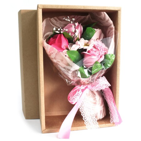 Bouquet flores jabón en caja - rosa - 25x13x6cm