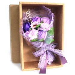 Buchet flori sapun in cutie - mov - 25x13x6cm