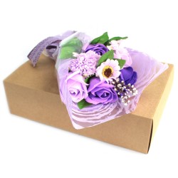 Buchet flori sapun in cutie - mov - 25x13x6cm