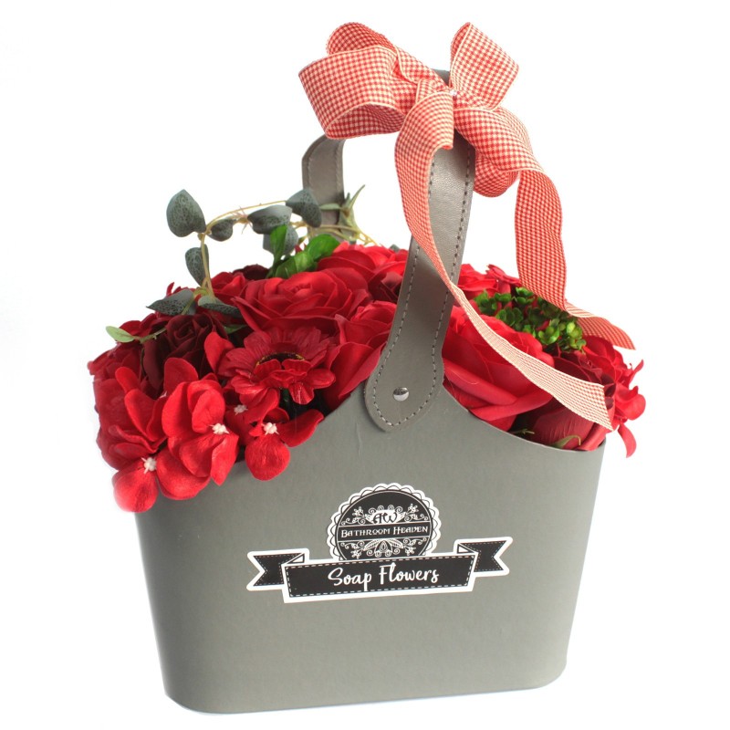 Cesta de ramo de flores de xabón - vermello - 30x20x12cm-FLORES DE XABÓN-HOSTENATURA