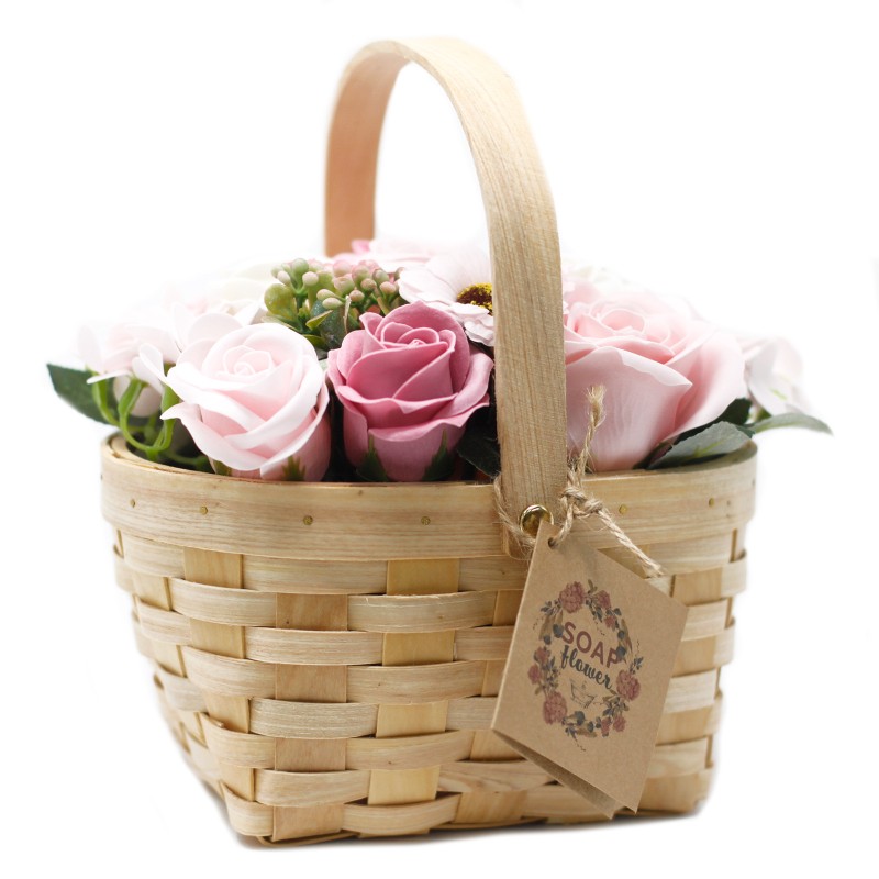 Bouquet de panier en osier - grand rose - Savon-FLEURS DE SAVON-HOSTENATURA