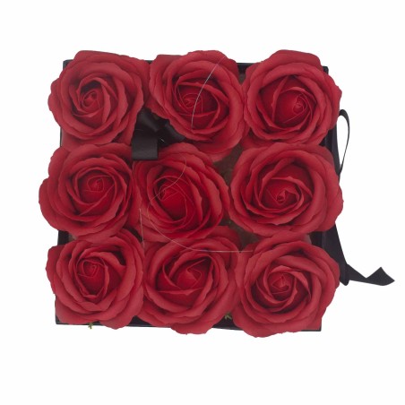 Geschenkbox - Seifenblume 9 Rosen rot - quadratisch