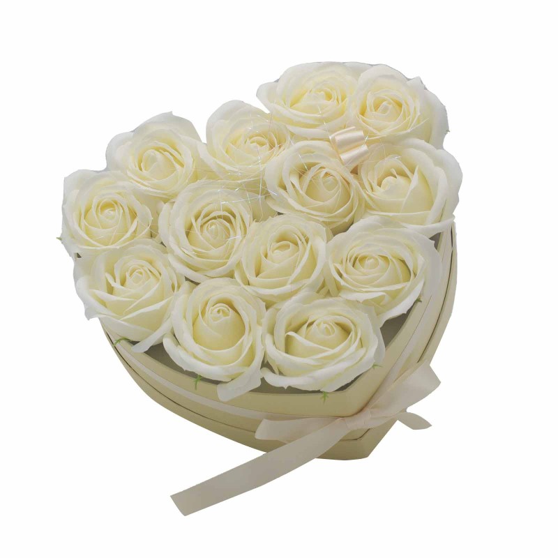 Caixa Presente - Flor de Sabonete 13 Rosas Creme - coração-FLORES DE SABÃO-HOSTENATURA