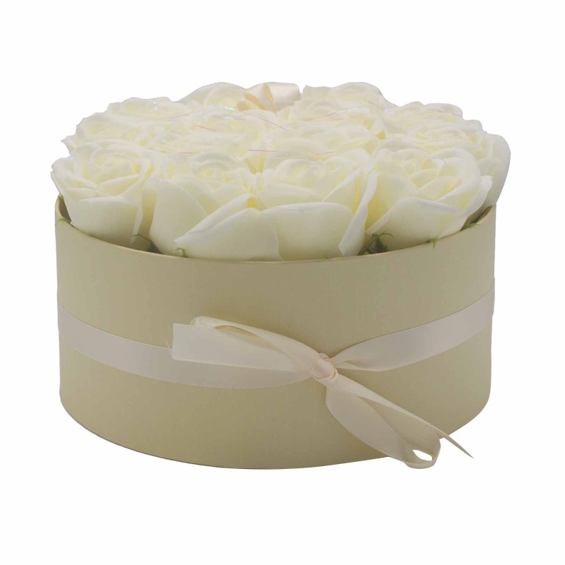 Caixa de Regalo - Flor de Xabón 14 Rosas Crema - redonda-FLORES DE XABÓN-HOSTENATURA