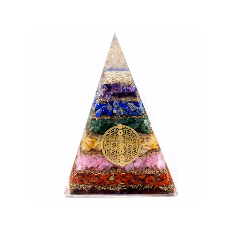 Piramide di Orgonite Lrg 70mm - Gemme Chakra - Fiore della Vita dei Sette Chakra - 70 mm-ORGONITE-HOSTENATURA