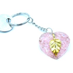 Orgonite Power Keychain - Rose Quartz Hearts Urrezko hostoa