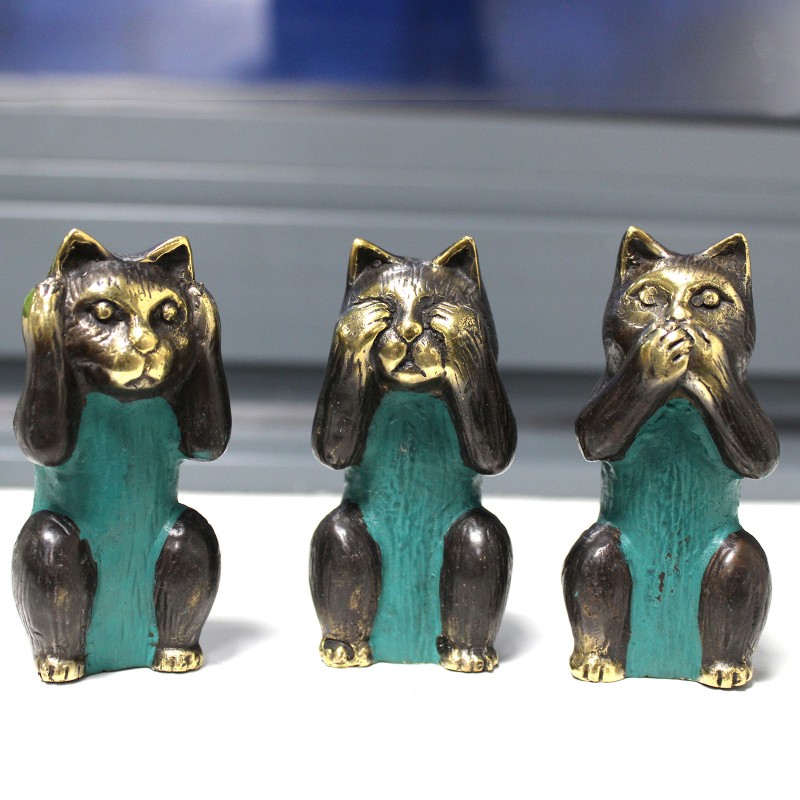 Set de 3 - See No, Hear No, Speak No Evil - Brass Cats-FIGURAS DE FENGSHUI DE LATON-HOSTENATURA