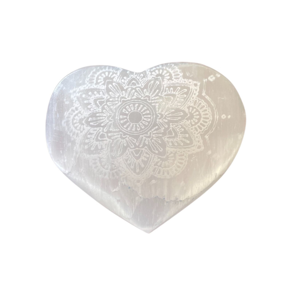 Corazón de selenita - 7-8cm - Mandala Grabada