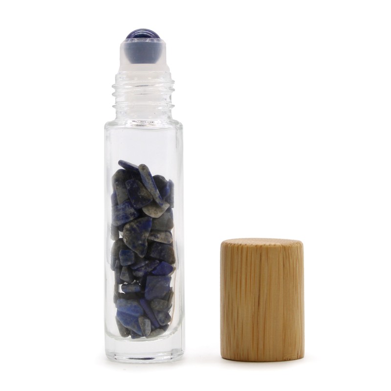 Bottiglia a rullo per olio essenziale con pietre preziose - Sodalite - Coperchio in legno-BOTTIGLIE ROLL-ON CON GEMME-HOSTENATURA