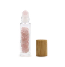 Botella de rodillo de aceite esencial de piedras preciosas - Cuarzo rosa - Tapa de madera