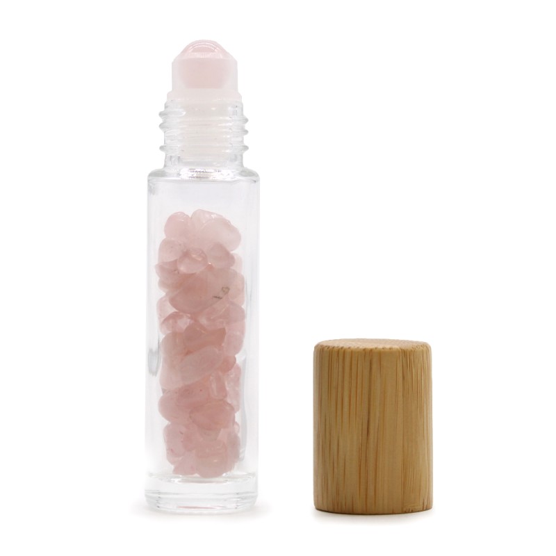 Bottiglia a rullo per olio essenziale con pietre preziose - Quarzo rosa - Coperchio in legno-BOTTIGLIE ROLL-ON CON GEMME-HOSTENATURA