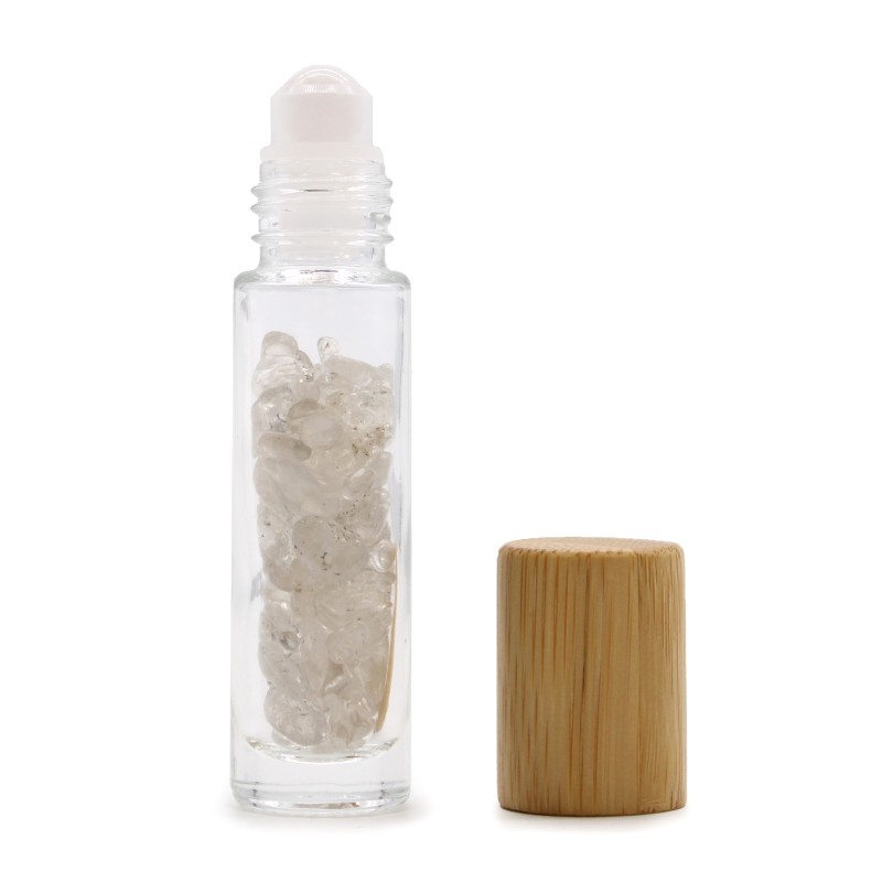 Gemstone Essential Oil Roller Bottle - Rock Quartz - Wooden Cap-ROLL-ON BOTTLES WITH GEMS-HOSTENATURA