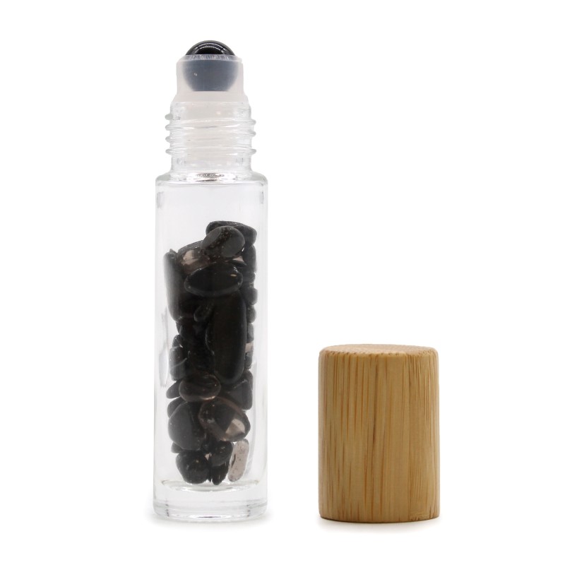 Gemstone Essential Oil Roller Bottle - Black Tourmaline - Wooden Cap-ROLL-ON BOTTLES WITH GEMS-HOSTENATURA