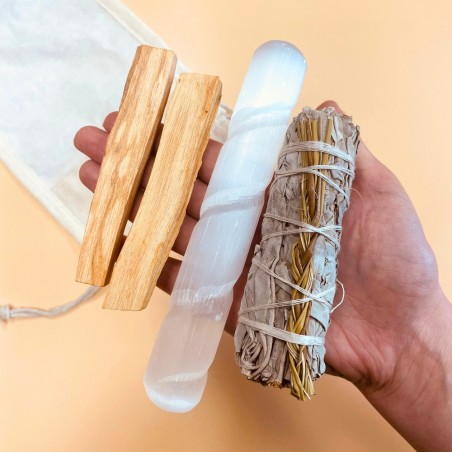 KIT PURIFICACION Y RITUAL LIMPIEZA (VARITA SELENITA, PALO SANTO y ATADITO SALVIA BLANCA)