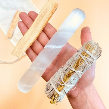 KIT PURIFICACION Y RITUAL LIMPIEZA (VARITA SELENITA, PALO SANTO y ATADITO SALVIA BLANCA)