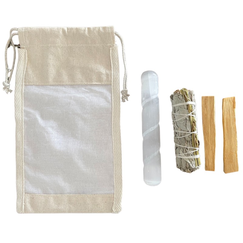 PURIFICATION AND CLEANSING RITUAL KIT (SELENITE WAND, PALO SANTO and WHITE SAGE BUNDLE)-GIFT KIT-HOSTENATURA