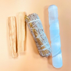 KIT DE RITUAL DE PURIFICACIÓN E LIMPEZA (VARRA DE SELENITA, CORBATA DE PALO SANTO e SALVIA BRANCA)