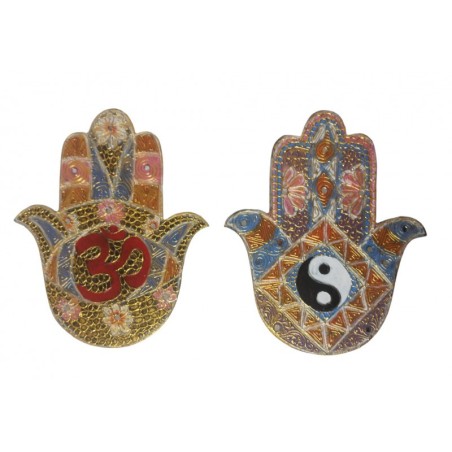 COLGADOR MANO DE FÁTIMA MADERA CON SÍMBOLO OM/YIN YANG