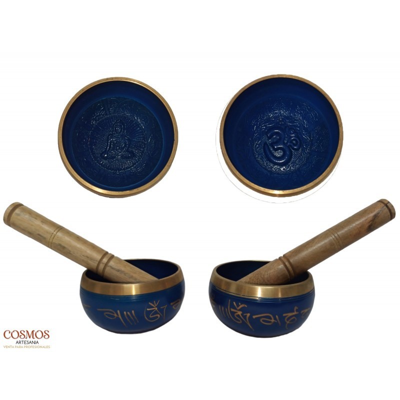 TIBETAN BOWL 10CM BLUE LETTERS AND RELIEF BACKGROUND (WITH MALLET)-TIBETAN BOWLS-HOSTENATURA