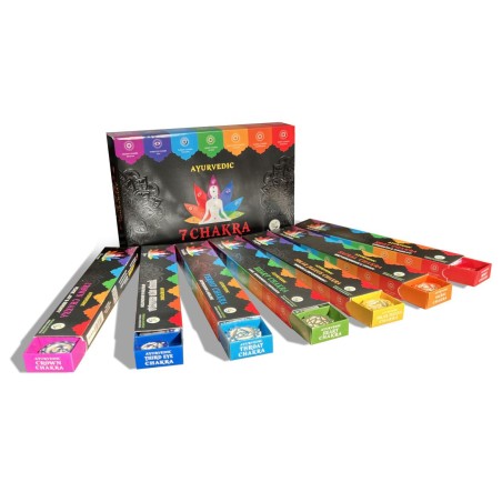 KIT INCIENSO 7 CHAKRA PREMIUM AYURVEDIC Caja de 7 paquetes de 15 barritas con 7 porta inciensos