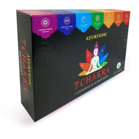 KIT INCIENSO 7 CHAKRA PREMIUM AYURVEDIC Caja de 7 paquetes de 15 barritas con 7 porta inciensos
