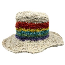 Handgestrickter Boho Hanf und Baumwolle Festival Hut - Regenbogen