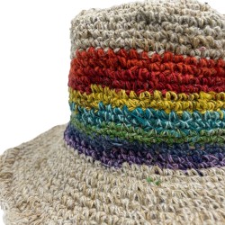 Handgestrickter Boho Hanf und Baumwolle Festival Hut - Regenbogen