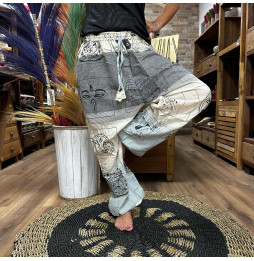 Pantalon Yoga y Festivales - Estampado Himalaya Cintura Alta - Gris- Unisex- Talla única - Hippie - 100% algodón - Hombre/mujer