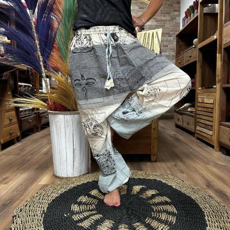 Pantalon Yoga y Festivales - Estampado Himalaya Cintura Alta - Gris- Unisex- Talla única - Hippie - 100% algodón - Hombre/mujer