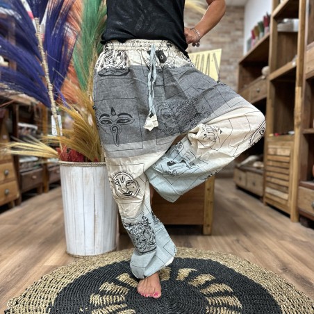 Pantalon Yoga y Festivales - Estampado Himalaya Cintura Alta - Gris- Unisex- Talla única - Hippie - 100% algodón - Hombre/mujer