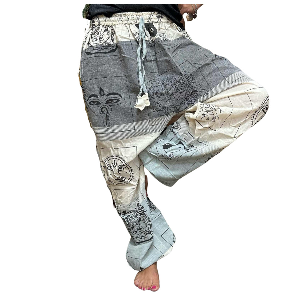 Pantalon Yoga y Festivales - Estampado Himalaya Cintura Alta - Gris- Unisex- Talla única - Hippie - 100% algodón - Hombre/mujer-ヨガとフェスティバル用パンツ-HOSTENATURA