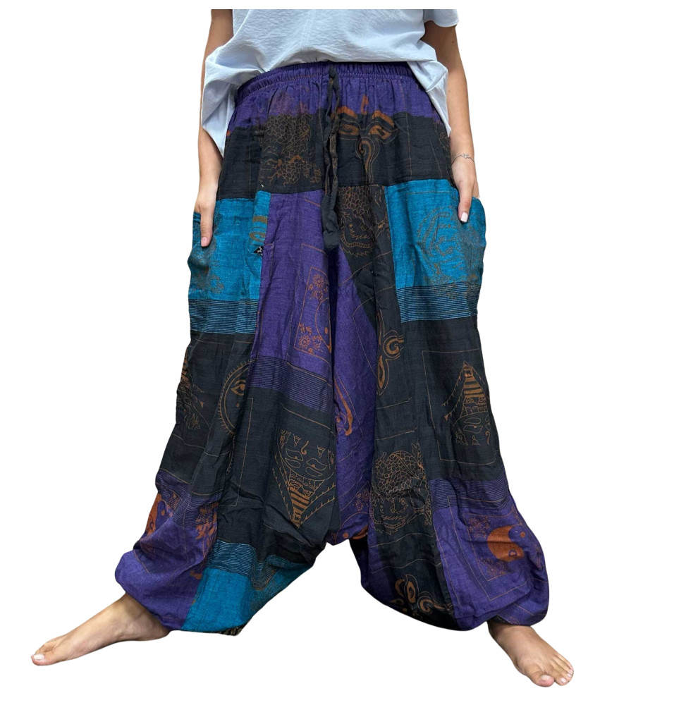 Pantalon Yoga y Festivales - Estampado Himalaya Cintura Alta - Morado -Unisex- Talla única Hippie 100% Algodon - Hombre/mujer