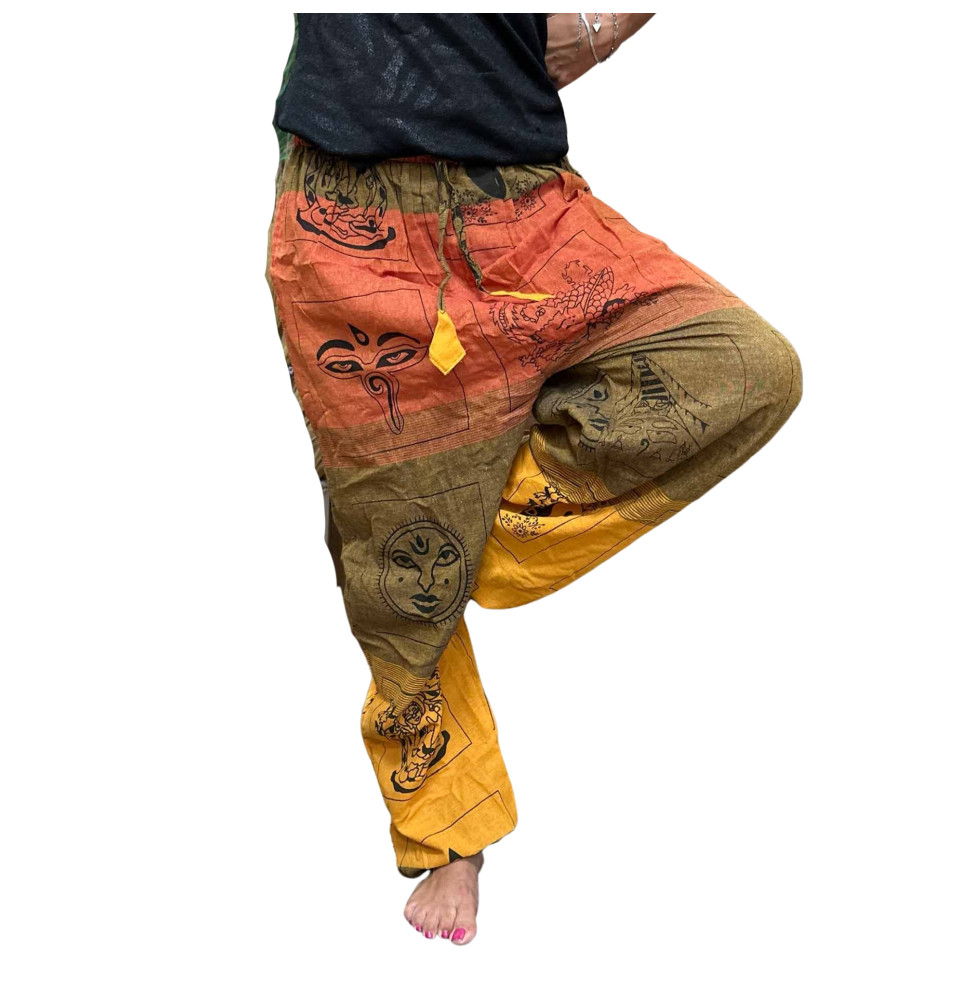 Pantalón Meditación Festivales - Estampado Himalaya Cintura Alta Naranja Unisex Talla única Hippie 100% Algodón Hombre/mujer