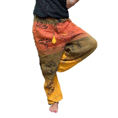Pantalón Meditación Festivales - Estampado Himalaya Cintura Alta Naranja Unisex Talla única Hippie 100% Algodón Hombre/mujer
