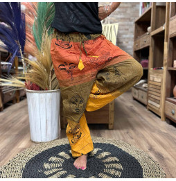 Pantalón Meditación Festivales - Estampado Himalaya Cintura Alta Naranja Unisex Talla única Hippie 100% Algodón Hombre/mujer