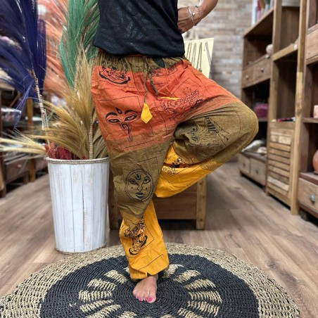 Pantalón Meditación Festivales - Estampado Himalaya Cintura Alta Naranja Unisex Talla única Hippie 100% Algodón Hombre/mujer