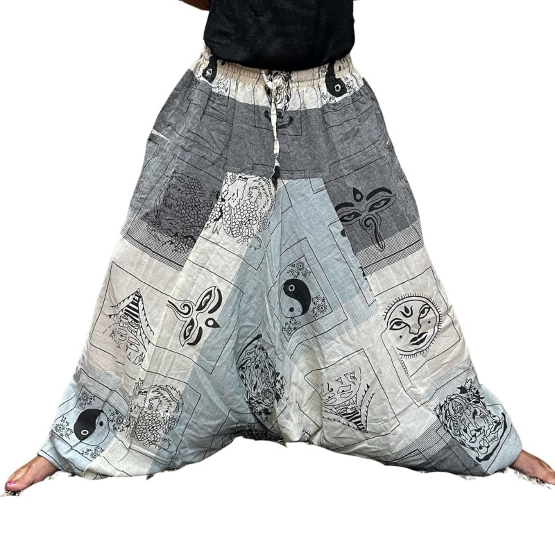 Calça de ioga para festival – Estampa Himalayan Aladdin – Cinza unissex tamanho único hippie 100% algodão masculino/feminino-CALÇAS DE IOGA E FESTIVAIS-HOSTENATURA