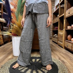 Pantalon de Yoga et Festivals - Pêcheur Thaïlandais Mandala Mantra - Gris Unisexe Taille Hippie 100% Coton Hommes/Femmes