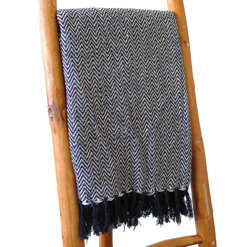 Boho Comfort Blanket - 140x200cm - Navy Zigzag Blue - 100% Cotton - Made in India-BOHO COTTON BLANKET-HOSTENATURA