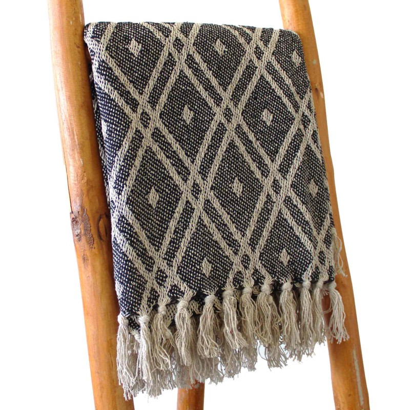 Boho Comfort Blanket - 140x200cm - Black and Beige - 100% Cotton - Made in India-BOHO COTTON BLANKET-HOSTENATURA