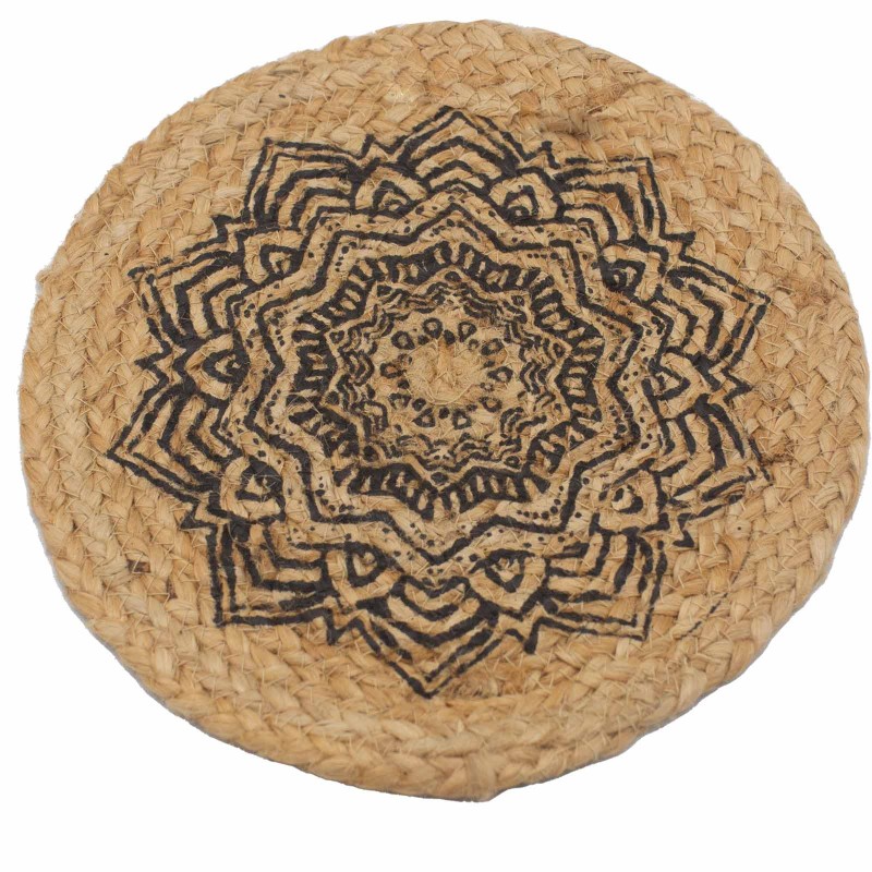 Individual de mesa natural - juta e algodão 30cm - estampa mandala - fabricado na Índia-TOALHAS DE MESA INDIVIDUAIS DE JUTA E ALGODÃO-HOSTENATURA