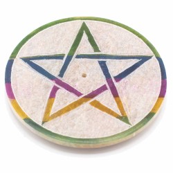 Soapstone Disc-shaped Incense Holder 8cm - Pentagram - Made in India