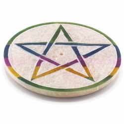 Soapstone Disc-shaped Incense Holder 8cm - Pentagram - Made in India