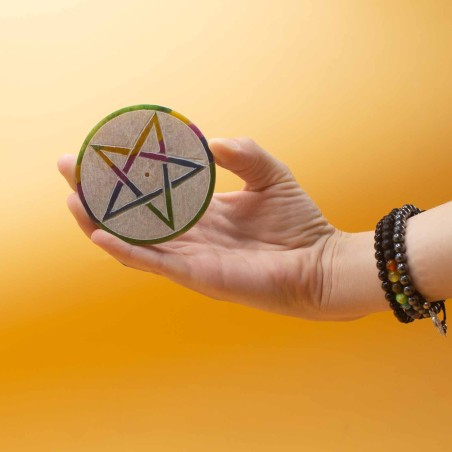 Porta Incienso en forma de Disco de Esteatita 8cm - Pentagrama - Hecho en India