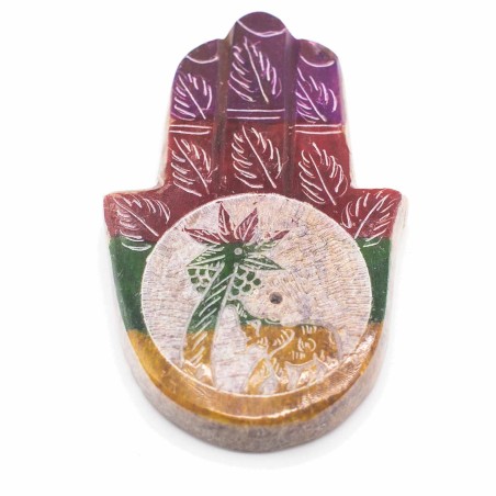 Porta Incienso Hamsa Mano de Fátima de Esteatita 9x6cm - Elefante y Palma - Hecho en India
