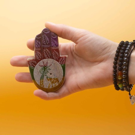 Porta Incienso Hamsa Mano de Fátima de Esteatita 9x6cm - Elefante y Palma - Hecho en India