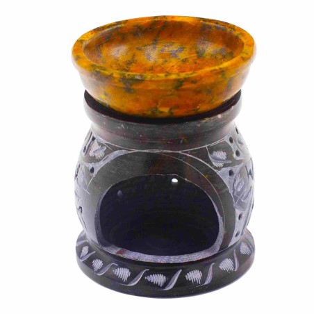 Quemador de Aceite de Esteatita 10 cm - Flor de mandala - Negro y amarillo