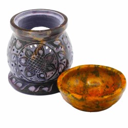 Soapstone Oil Burner 10 cm - Mandala Flower - Black and yellow