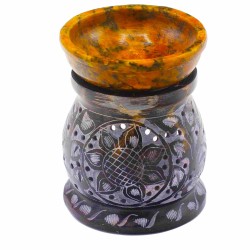 Soapstone Oil Burner 10 cm - Mandala Flower - Black and yellow